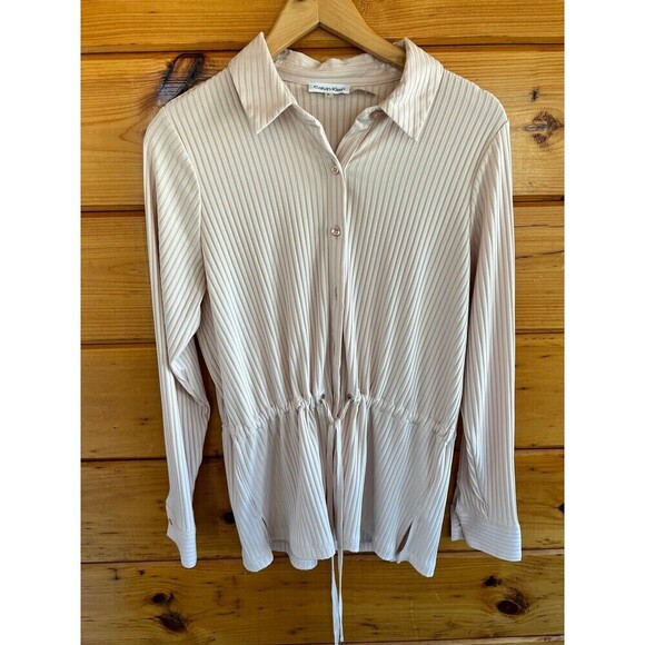 Calvin Klein Tops - Calvin Klein Women’s Beige Cinch Waist Ribbed Button-Down Top Shirt Small